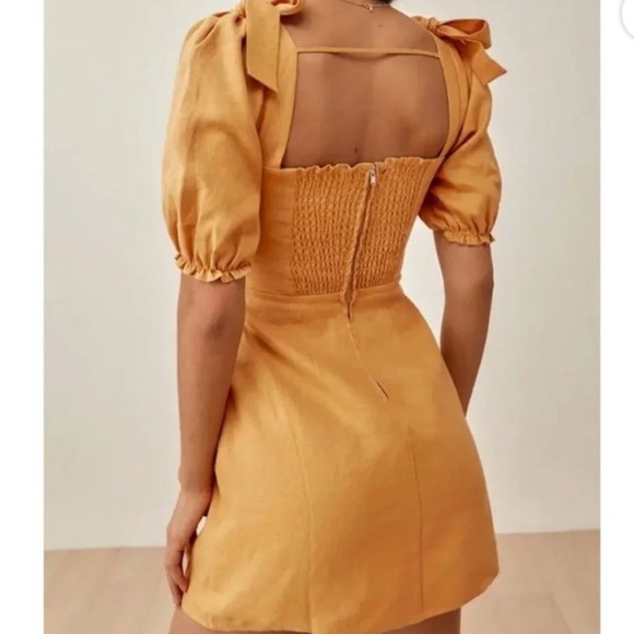 Reformation Yellow Ochre Spring Bow Sleeve Linen Mini Dress SIZE 6 - Picture 3 of 9